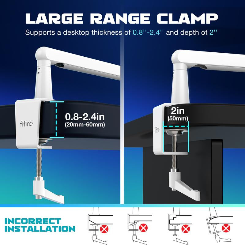 FIFINE Low Profile Podcast Microphone Stand, BM88 Gaming Mic Boom Arm with Desk Mount, Cable Channels Management, Adjustable Metal Boom Arm White for Recording/Streaming/Gaming/Home Office