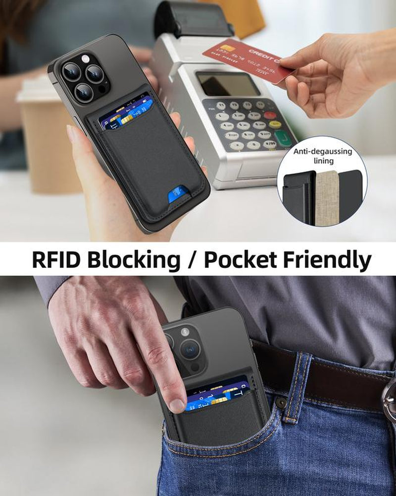 Magntic Wallet for Iphone, Works with Find My, Strongest Magnetic Wallet for Phone Wallet with Adjustable Stand, Wallet Tracker, 6 Cards Holder, Vegan Leather, Black Phone Wallet Camera Blue Smartphone Cellphone
