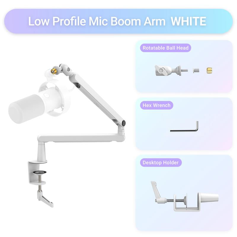 FIFINE Low Profile Podcast Microphone Stand, BM88 Gaming Mic Boom Arm with Desk Mount, Cable Channels Management, Adjustable Metal Boom Arm White for Recording/Streaming/Gaming/Home Office