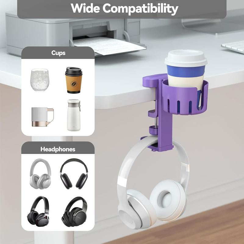 2 in 1 Headphone Hanger with Desk Cup Holder - under Desk Clamp Rotatable Headset Holder - Suitable for Coffee Mups, Water Cups, Headphone