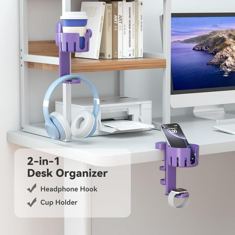 2 in 1 Headphone Hanger with Desk Cup Holder - under Desk Clamp Rotatable Headset Holder - Suitable for Coffee Mups, Water Cups, Headphone
