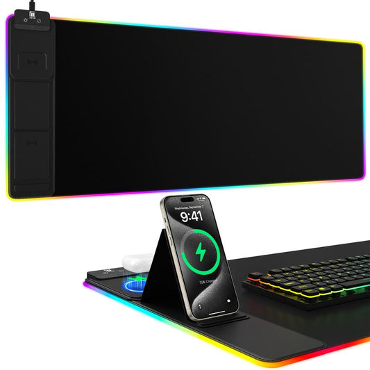 XXL Gaming Mouse Pad with Magnetic Wireless Charging, Large Desk Pad Protector, RGB Black Mousepad Desk Mat with 15W Fast Charger, 4Mm Thick Non-Slip, Waterproof Laptop Writing Pad for Office, Home, Gaming Tiktokshopbacktoschool