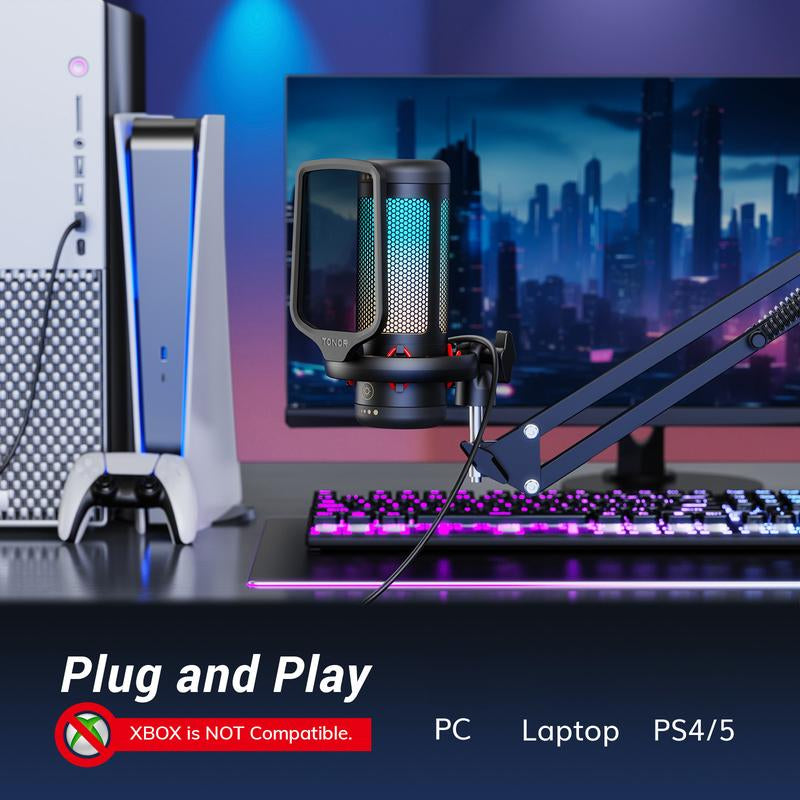 TONOR TC310 Gaming USB Microphone Set with Boom Arm, RGB Lighting, Pop Filter, Quick Mute, Shock Mount & Gain Control for PC PS4/PS5