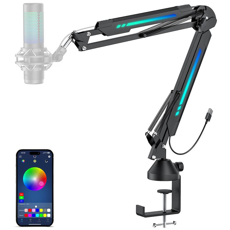 TONOR T90/T20S RGB Boom Arm, Adjustable Mic Stand with 11 Light Modes for Gaming, Streaming, Podcasting, and Recording, Durable Steel Usb Cable