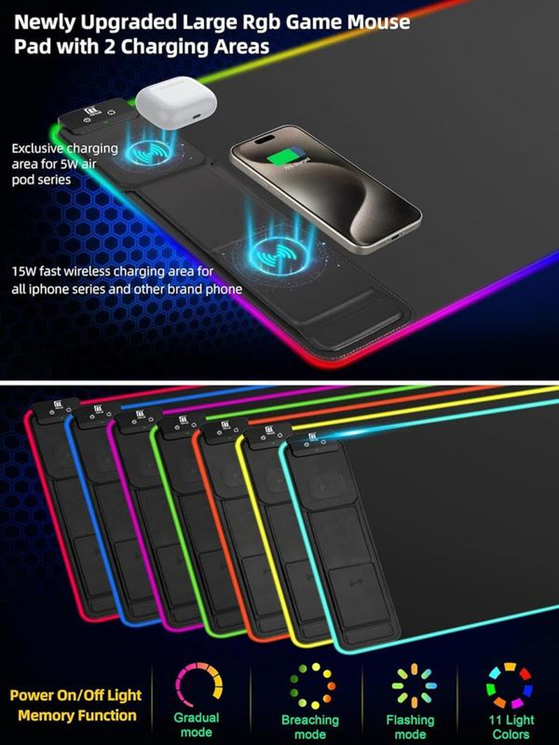 XXL Gaming Mouse Pad with Magnetic Wireless Charging, Large Desk Pad Protector, RGB Black Mousepad Desk Mat with 15W Fast Charger, 4Mm Thick Non-Slip, Waterproof Laptop Writing Pad for Office, Home, Gaming Tiktokshopbacktoschool