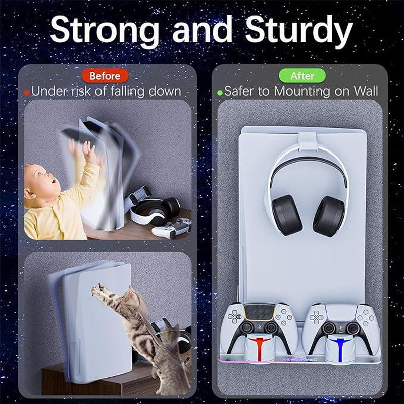 Hosanwell PS5 Universal Wall Mount Kit with Charging Station, Compatible with PS5 Pro and PS5 Slim Disc, PS5 Digital Edition, PS5 Normal Version, Dual Purpose Charging Station with Multi-Mode RGB Light, White, Amazon Best Seller