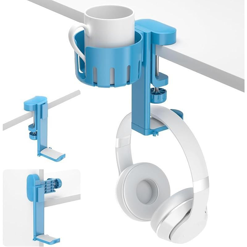 2 in 1 Headphone Hanger with Desk Cup Holder - under Desk Clamp Rotatable Headset Holder - Suitable for Coffee Mups, Water Cups, Headphone