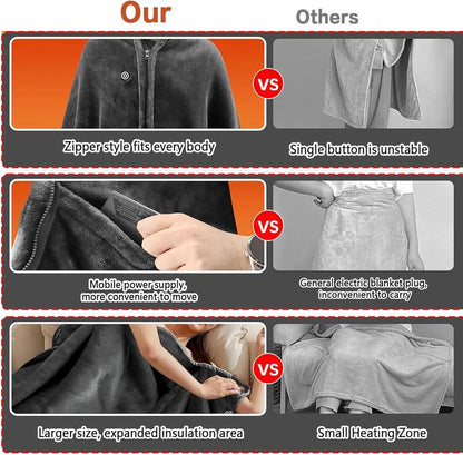 Portable USB Heated Blanket Shawl - 63'' X 33.5'' Wearable Electric Throw with 20000Mah Battery Pack | Adjustable 3 Heating Levels & Fast Heating | Machine Washable Dual-Sided Velvet Soft Wrap for Indoor/Outdoor Use at Home/Office/Travel