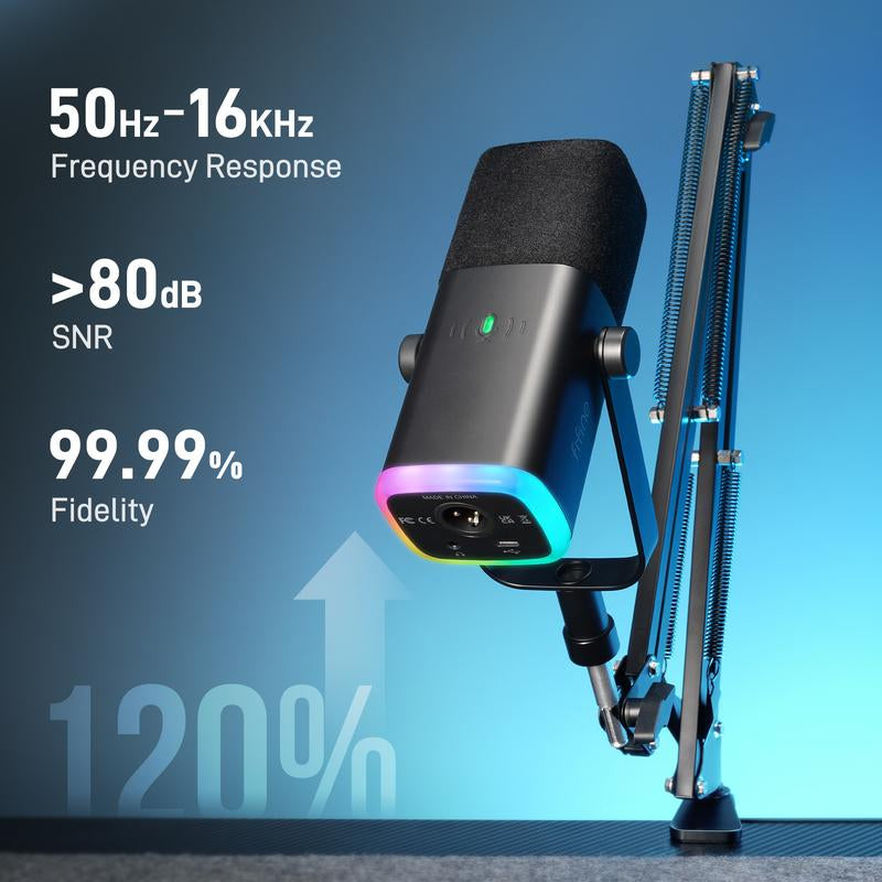 FIFINE AM8 XLR/USB Gaming Microphone with Boom Arm Stand, Dynamic PC Mic for Streaming Podcasting, Computer RGB Mic Kit, Mute Button, Headphones Jack, for Recording Vocal Voice-Over Audio, for Smartphone