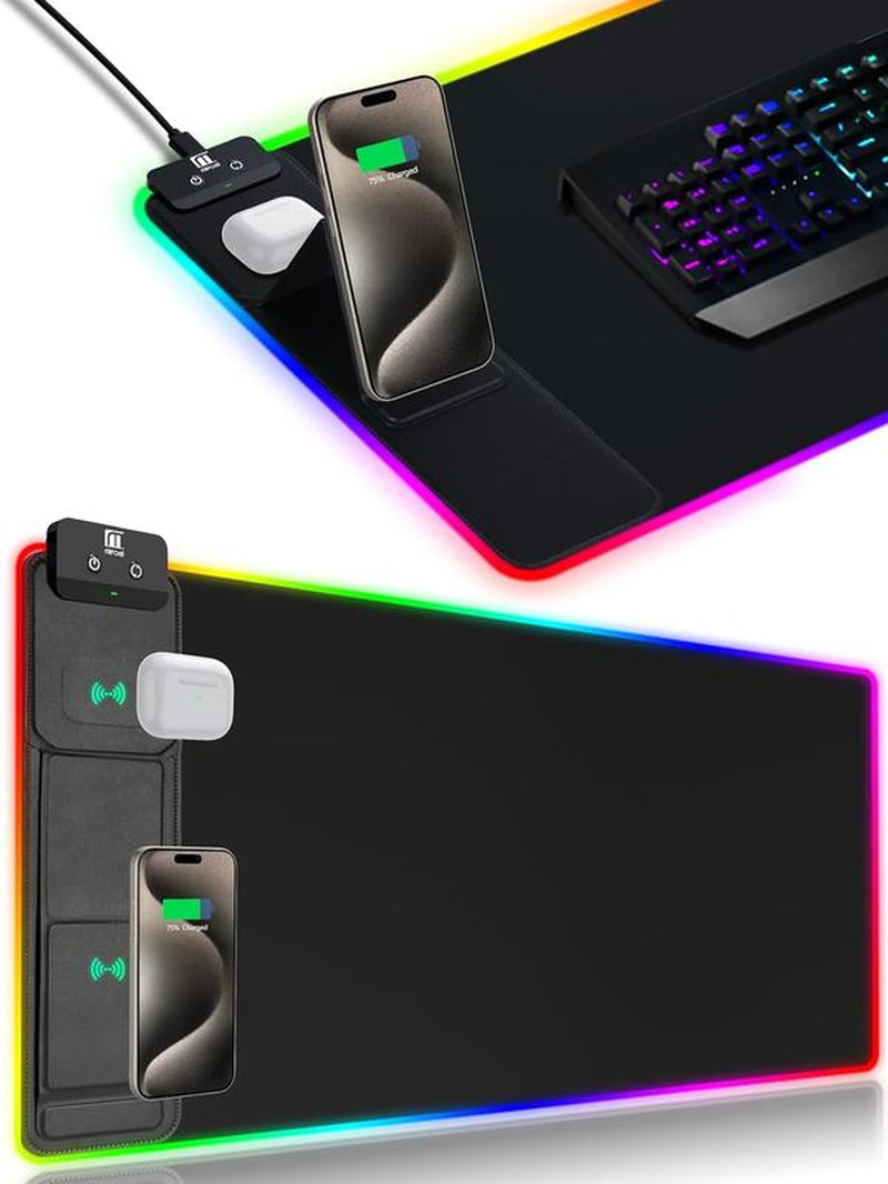 XXL Gaming Mouse Pad with Magnetic Wireless Charging, Large Desk Pad Protector, RGB Black Mousepad Desk Mat with 15W Fast Charger, 4Mm Thick Non-Slip, Waterproof Laptop Writing Pad for Office, Home, Gaming Tiktokshopbacktoschool