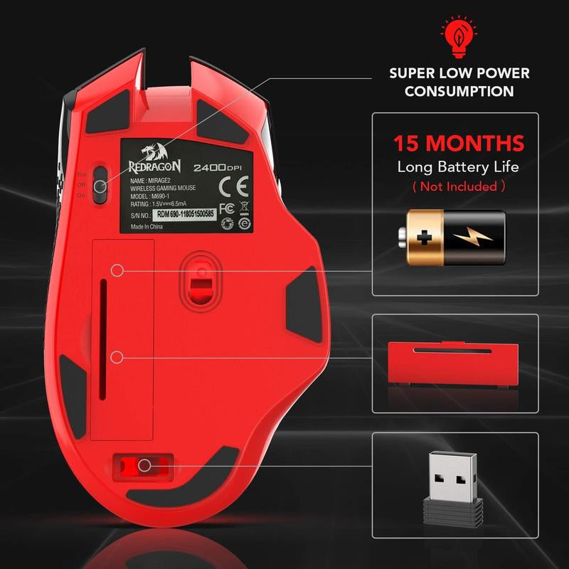 Redragon M690-1 Wireless Gaming Mouse with DPI Shifting, 2 Side Buttons, 2400 DPI, Ergonomic Design, 8 Buttons-Black