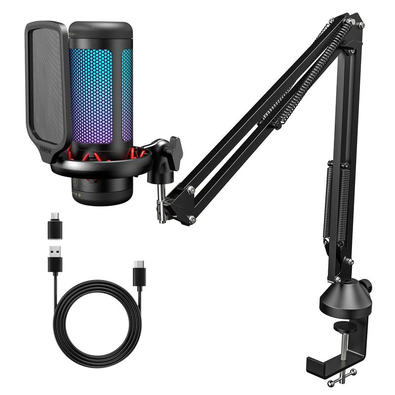 TONOR TC310 Gaming USB Microphone Set with Boom Arm, RGB Lighting, Pop Filter, Quick Mute, Shock Mount & Gain Control for PC PS4/PS5