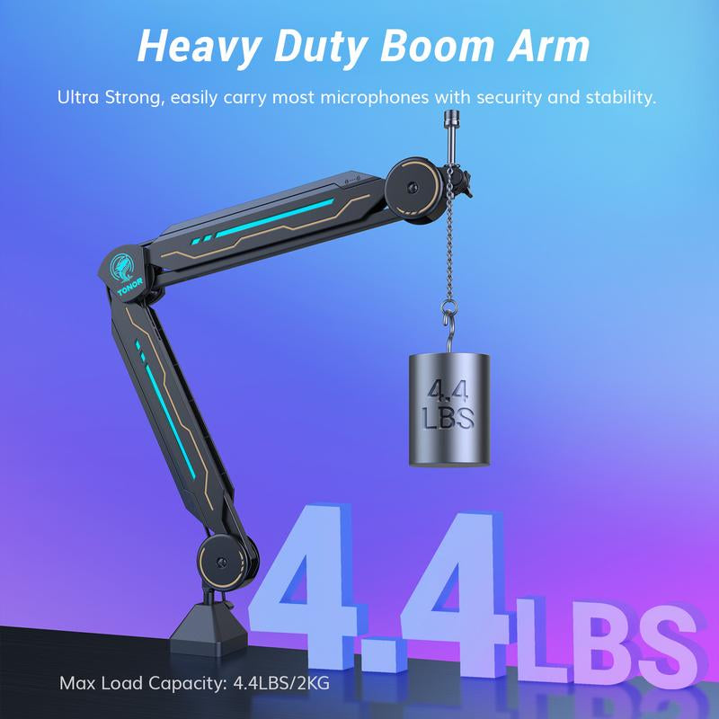 TONOR T90/T20S RGB Boom Arm, Adjustable Mic Stand with 11 Light Modes for Gaming, Streaming, Podcasting, and Recording, Durable Steel Usb Cable