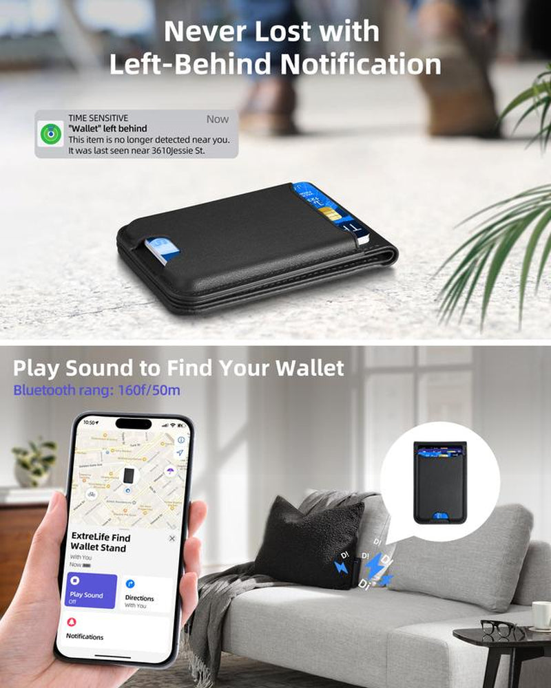 Magntic Wallet for Iphone, Works with Find My, Strongest Magnetic Wallet for Phone Wallet with Adjustable Stand, Wallet Tracker, 6 Cards Holder, Vegan Leather, Black Phone Wallet Camera Blue Smartphone Cellphone