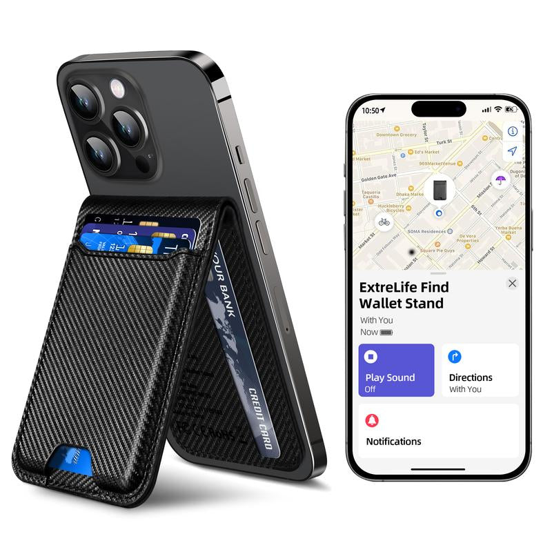 Magntic Wallet for Iphone, Works with Find My, Strongest Magnetic Wallet for Phone Wallet with Adjustable Stand, Wallet Tracker, 6 Cards Holder, Vegan Leather, Black Phone Wallet Camera Blue Smartphone Cellphone