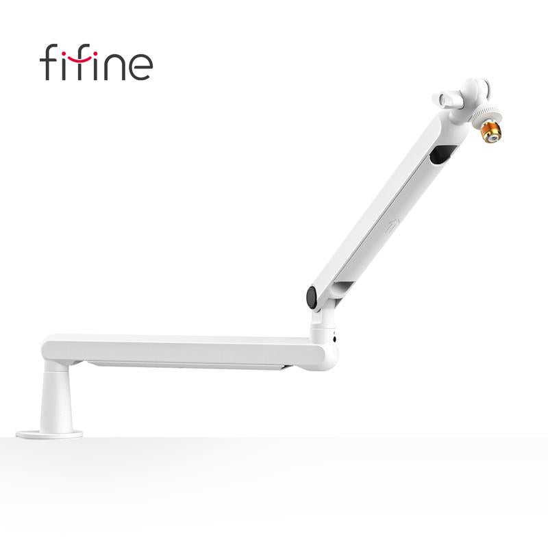 FIFINE Low Profile Podcast Microphone Stand, BM88 Gaming Mic Boom Arm with Desk Mount, Cable Channels Management, Adjustable Metal Boom Arm White for Recording/Streaming/Gaming/Home Office