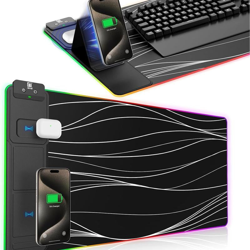 XXL Gaming Mouse Pad with Magnetic Wireless Charging, Large Desk Pad Protector, RGB Black Mousepad Desk Mat with 15W Fast Charger, 4Mm Thick Non-Slip, Waterproof Laptop Writing Pad for Office, Home, Gaming Tiktokshopbacktoschool