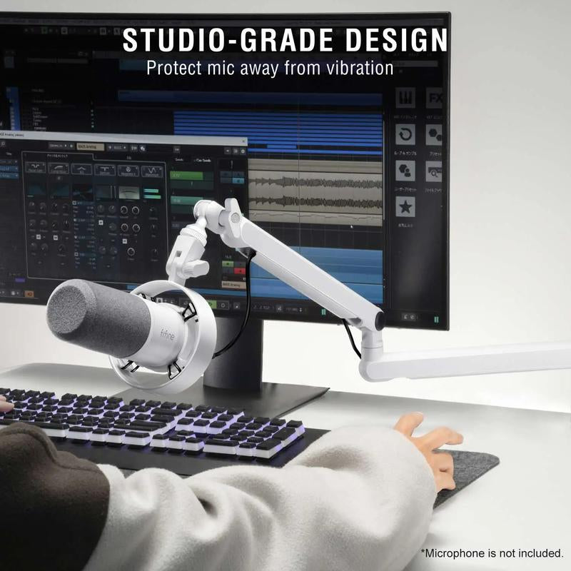 FIFINE Low Profile Podcast Microphone Stand, BM88 Gaming Mic Boom Arm with Desk Mount, Cable Channels Management, Adjustable Metal Boom Arm White for Recording/Streaming/Gaming/Home Office