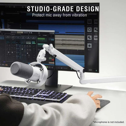 FIFINE Low Profile Podcast Microphone Stand, BM88 Gaming Mic Boom Arm with Desk Mount, Cable Channels Management, Adjustable Metal Boom Arm White for Recording/Streaming/Gaming/Home Office