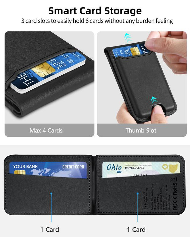 Magntic Wallet for Iphone, Works with Find My, Strongest Magnetic Wallet for Phone Wallet with Adjustable Stand, Wallet Tracker, 6 Cards Holder, Vegan Leather, Black Phone Wallet Camera Blue Smartphone Cellphone