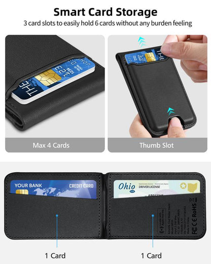 Magntic Wallet for Iphone, Works with Find My, Strongest Magnetic Wallet for Phone Wallet with Adjustable Stand, Wallet Tracker, 6 Cards Holder, Vegan Leather, Black Phone Wallet Camera Blue Smartphone Cellphone