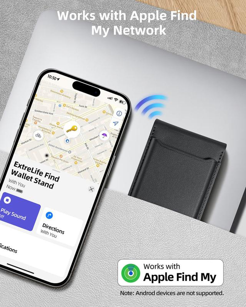Magntic Wallet for Iphone, Works with Find My, Strongest Magnetic Wallet for Phone Wallet with Adjustable Stand, Wallet Tracker, 6 Cards Holder, Vegan Leather, Black Phone Wallet Camera Blue Smartphone Cellphone