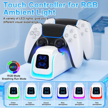 Ponkor PS5 Dual Controller Fast Charging Dock, Charge 2 Controllers Simultaneously, 6 RGB Modes, Overcharge Protection, Compatible with Dualsense & Dualsense Edge