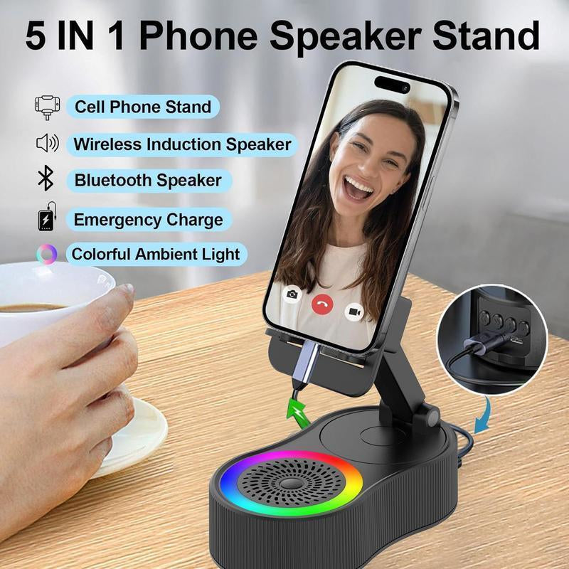Wireless Audio Induction Bluetooth Speaker with Emergency Charging 5In1 Phone Holder Power Bank LED Nightlight for Tablet Iphone Android 5.3 Connectivity 1500Mah Battery 100Hz-20Khz Frequency Response New Design Durable Smart Device