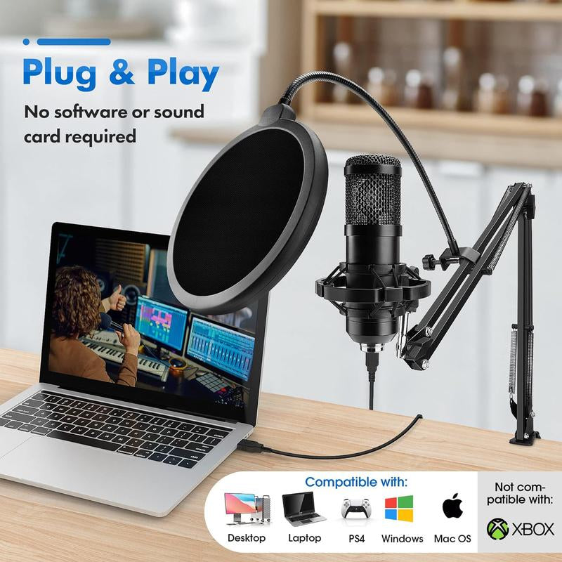 USB Gaming Microphone Pc,Professional Cardioid 192Khz/24Bit Plug & Play Mic Recording Microphone Kit with Advanced Chipset,For Streaming, Podcast, Studio and Singing
