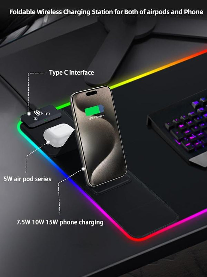 XXL Gaming Mouse Pad with Magnetic Wireless Charging, Large Desk Pad Protector, RGB Black Mousepad Desk Mat with 15W Fast Charger, 4Mm Thick Non-Slip, Waterproof Laptop Writing Pad for Office, Home, Gaming Tiktokshopbacktoschool