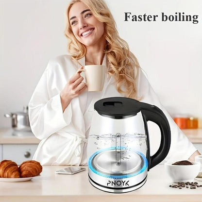 Electric Kettle Water Boiler, 2.0L Glass Tea Kettle with Wide Opening, Bright Blue LED Light,Glass Black， Auto Shut-Off & Boil-Dry Protection, 360° Swivel Base & Drip-Free Spout – Black，And Drip-Free Spout Outdoorfun Heaters
