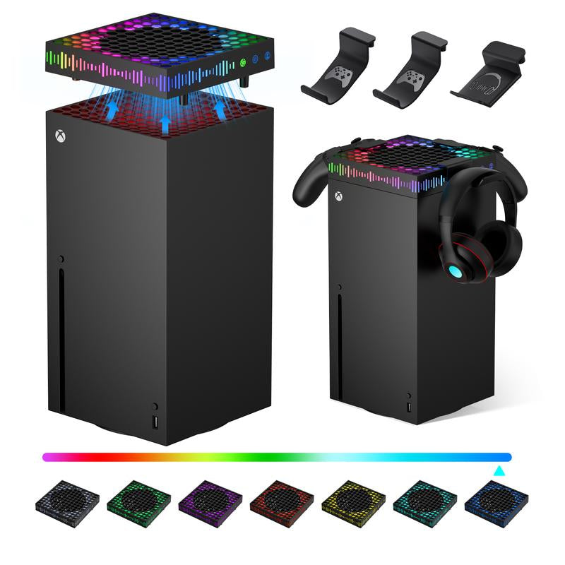 Cooling Fan for Xbox Series X with RGB Light Strip & 3 Detachable Hooks, Wiilkac 4 in 1 Top Fan Cooling System with Built-In Dust Filter, 3 Level Adjustable Speed Fan Cooler & Independent Fan Switch Accessories Console Smartphone