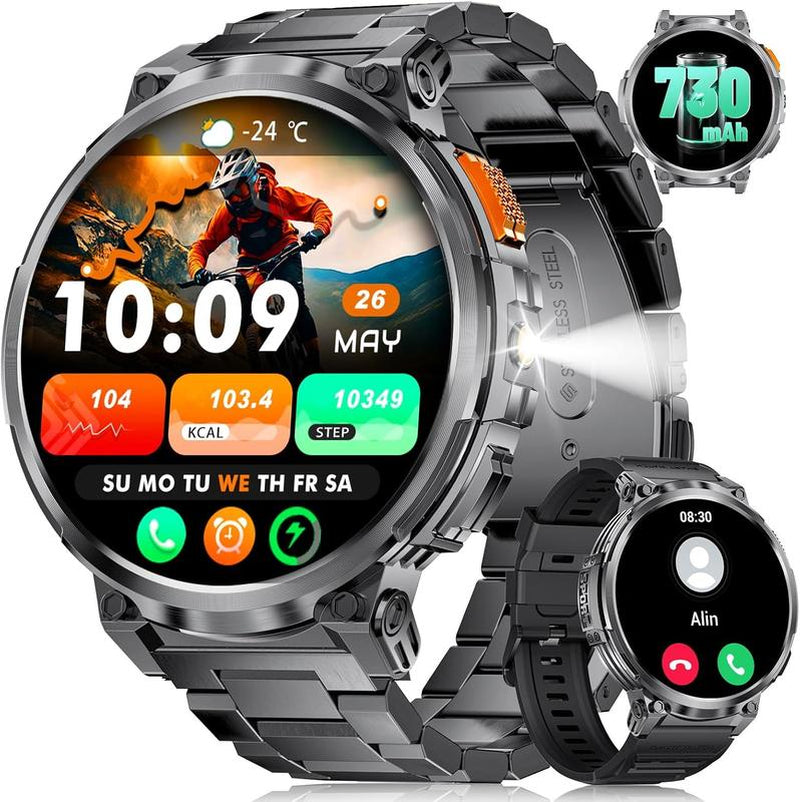Smart Watch with LED Flashlight 1.85Inch Smartwatch 730Mah Large Battery 114 Sports Modes Fitness Watch Sleep Tracker Tactical Sport Watch Man Clock Black