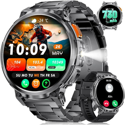 Smart Watch with LED Flashlight 1.85Inch Smartwatch 730Mah Large Battery 114 Sports Modes Fitness Watch Sleep Tracker Tactical Sport Watch Man Clock Black