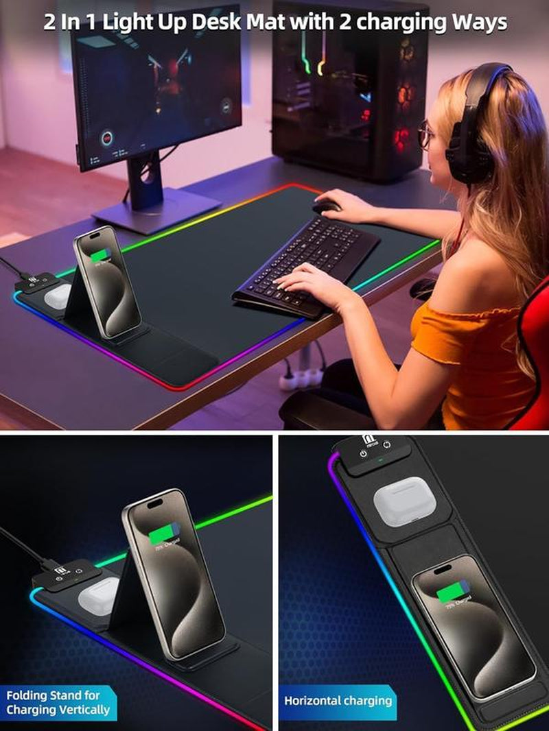 XXL Gaming Mouse Pad with Magnetic Wireless Charging, Large Desk Pad Protector, RGB Black Mousepad Desk Mat with 15W Fast Charger, 4Mm Thick Non-Slip, Waterproof Laptop Writing Pad for Office, Home, Gaming Tiktokshopbacktoschool
