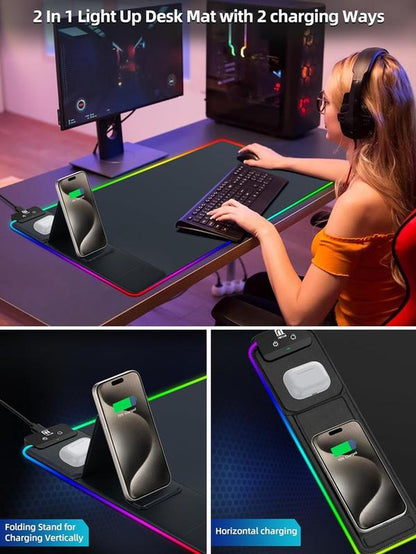 XXL Gaming Mouse Pad with Magnetic Wireless Charging, Large Desk Pad Protector, RGB Black Mousepad Desk Mat with 15W Fast Charger, 4Mm Thick Non-Slip, Waterproof Laptop Writing Pad for Office, Home, Gaming Tiktokshopbacktoschool