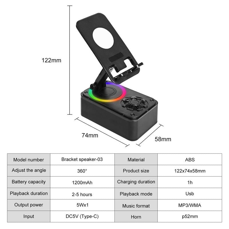 Wireless Audio Bluetooth Speaker, 3In1 Cellphone Holder, with USB Emergencyrechargeable (1200Mah), LED Nightlight, 360°Foldable for Phone or Pad, for Home, Car, Outdoorgifts for Friend, Family
