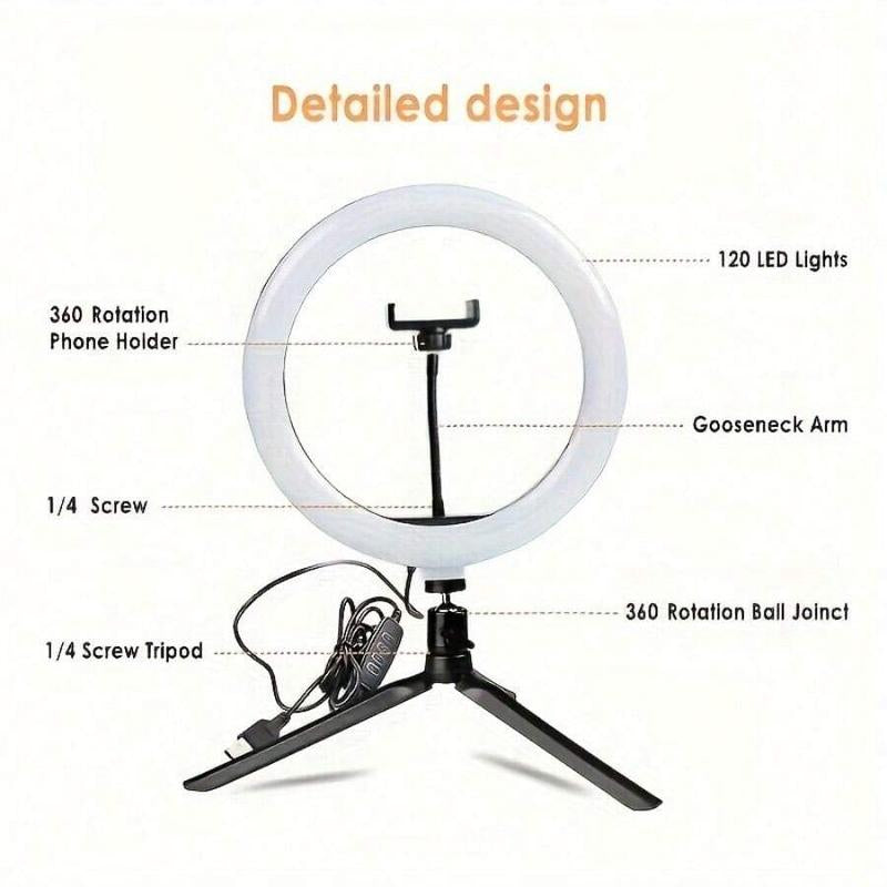 1 Piece Dimmable 10Inch LED Ring Light Adjustable Color Temperature - USB Powered Studio Lighting with 120 Leds, 360° Rotating Gooseneck Tripod and Phone Stand for Vlogging, Photography, and Live Streaming