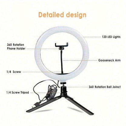 1 Piece Dimmable 10Inch LED Ring Light Adjustable Color Temperature - USB Powered Studio Lighting with 120 Leds, 360° Rotating Gooseneck Tripod and Phone Stand for Vlogging, Photography, and Live Streaming