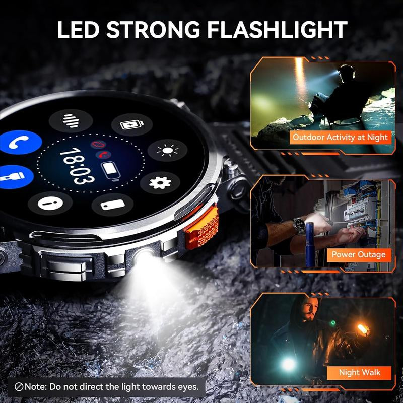 Smart Watch with LED Flashlight 1.85Inch Smartwatch 730Mah Large Battery 114 Sports Modes Fitness Watch Sleep Tracker Tactical Sport Watch Man Clock Black