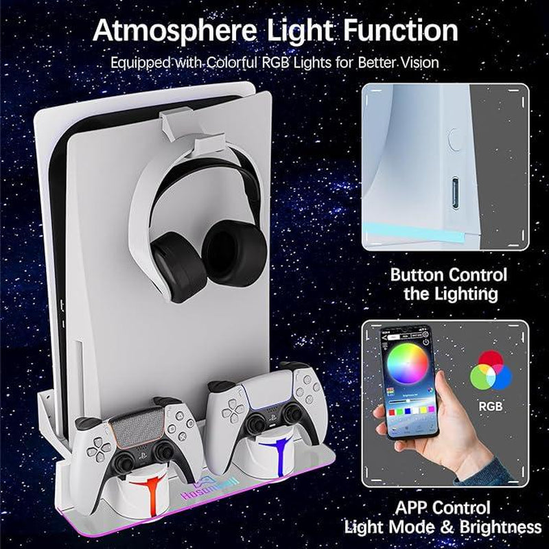 Hosanwell PS5 Universal Wall Mount Kit with Charging Station, Compatible with PS5 Pro and PS5 Slim Disc, PS5 Digital Edition, PS5 Normal Version, Dual Purpose Charging Station with Multi-Mode RGB Light, White, Amazon Best Seller