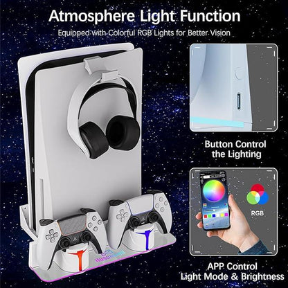 Hosanwell PS5 Universal Wall Mount Kit with Charging Station, Compatible with PS5 Pro and PS5 Slim Disc, PS5 Digital Edition, PS5 Normal Version, Dual Purpose Charging Station with Multi-Mode RGB Light, White, Amazon Best Seller