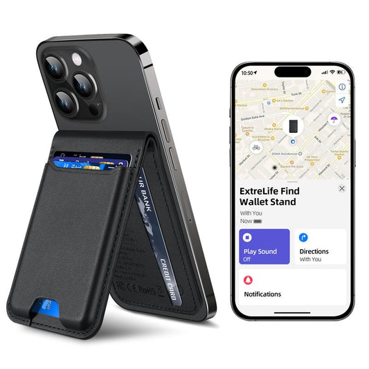 Magntic Wallet for Iphone, Works with Find My, Strongest Magnetic Wallet for Phone Wallet with Adjustable Stand, Wallet Tracker, 6 Cards Holder, Vegan Leather, Black Phone Wallet Camera Blue Smartphone Cellphone