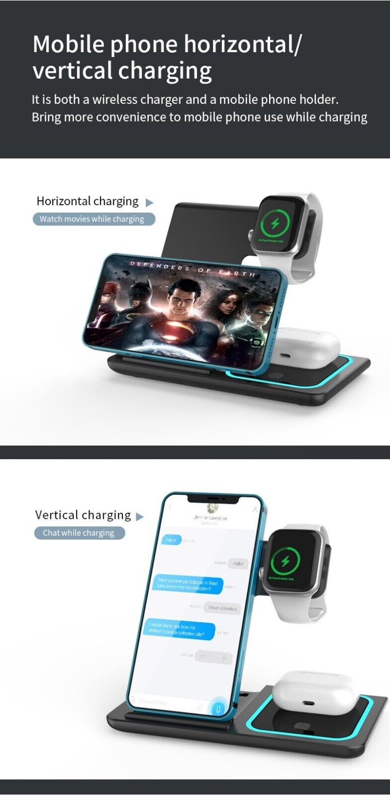 Wireless Charger for Iphone , Apple Watch Airpods 3 in 1 Charging Station Stand