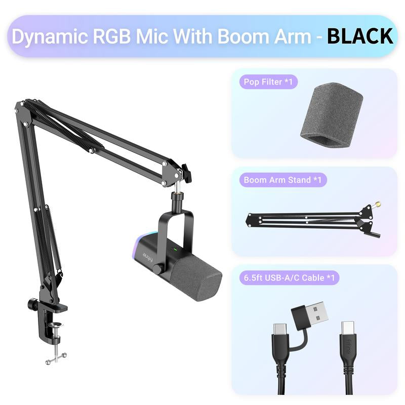 FIFINE AM8 XLR/USB Gaming Microphone with Boom Arm Stand, Dynamic PC Mic for Streaming Podcasting, Computer RGB Mic Kit, Mute Button, Headphones Jack, for Recording Vocal Voice-Over Audio, for Smartphone