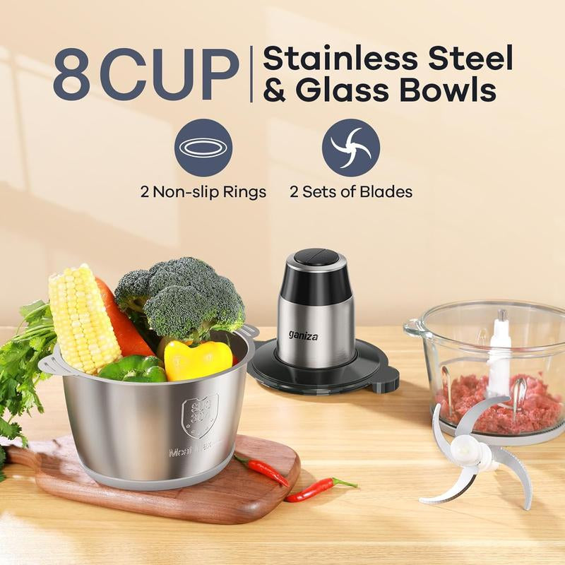 Big Promotion88Ganiza Food Processor, 2-Speed Food Chopper Meat Grinder with 8 Cup Stainless Steel & 8 Cup Glass Bowls, Upgraded Button & Smart Overheat Protection Light - Includes Clean Brush, 2 Sets of Blades