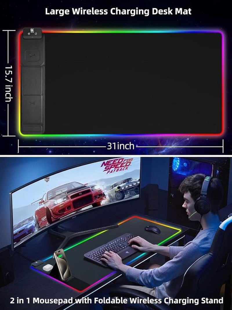 XXL Gaming Mouse Pad with Magnetic Wireless Charging, Large Desk Pad Protector, RGB Black Mousepad Desk Mat with 15W Fast Charger, 4Mm Thick Non-Slip, Waterproof Laptop Writing Pad for Office, Home, Gaming Tiktokshopbacktoschool