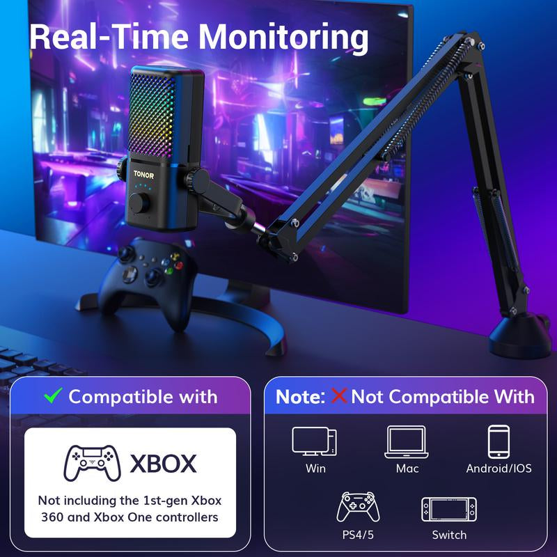 TONOR TCX3 Xbox Gaming Microphone - RGB Condenser Streaming Mic with Low Noise, Fast Charging, One Tap Mute, Compatible with Capture Card, 1.45 Pounds Cable Connection