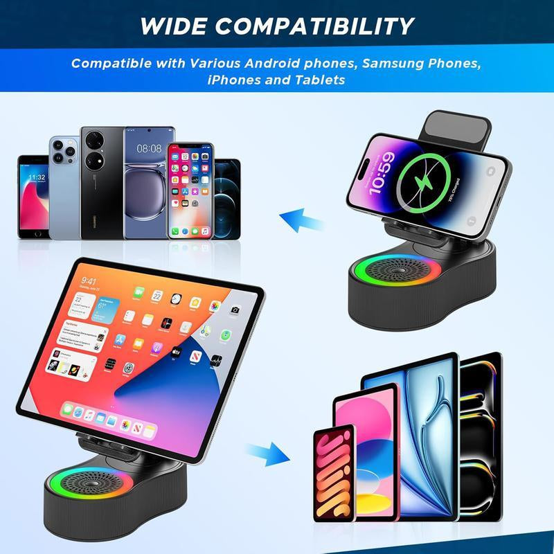 Wireless Audio Induction Bluetooth Speaker with Emergency Charging 5In1 Phone Holder Power Bank LED Nightlight for Tablet Iphone Android 5.3 Connectivity 1500Mah Battery 100Hz-20Khz Frequency Response New Design Durable Smart Device