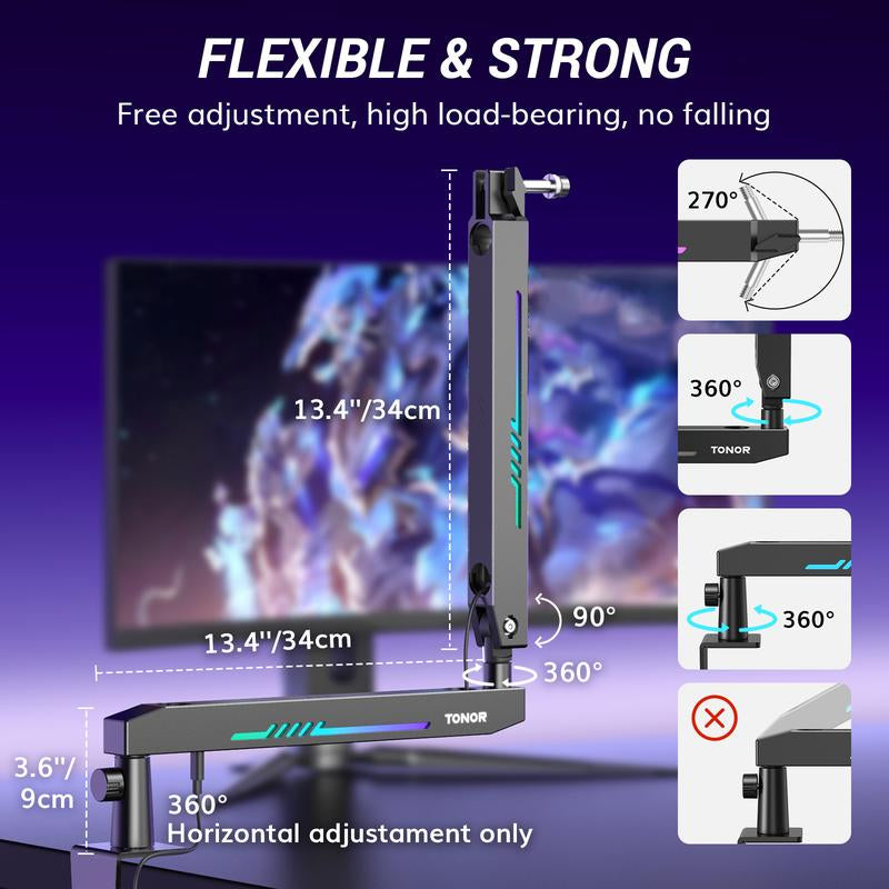 TONOR T90/T20S RGB Boom Arm, Adjustable Mic Stand with 11 Light Modes for Gaming, Streaming, Podcasting, and Recording, Durable Steel Usb Cable
